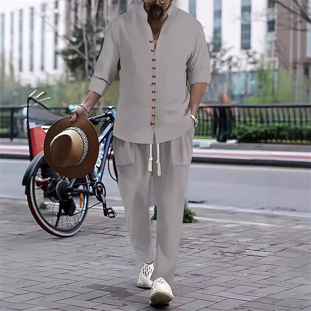  Per uomo 2 pezzi Completo di camicia Set abbinati Maglietta informale Camicia con bottoni Bianco Rosa Kaki Grigio Manica lunga Liscio A fascia Da mare Strada Abbigliamento Di tendenza Informale