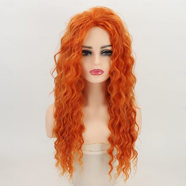 Perruque Longue Synthétique Orange Foncé Avec Boucles - 65cm - Cadeau Inclus - Neuf Sans Étiquettes