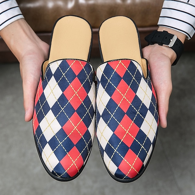  Men's Argyle Pattern Slip-On Loafers – Lightweight Casual Mules for Indoor and Outdoor Wear