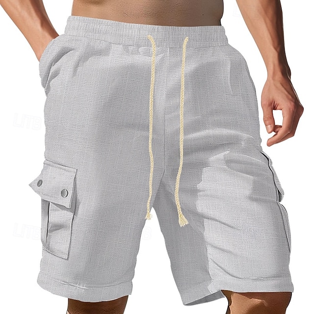  Men's Cargo Shorts Linen Shorts Summer Shorts Beach Shorts Drawstring Elastic Waist Multi Pocket Plain Comfort Breathable Knee Length Outdoor Work Daily Classic Style Casual Black White