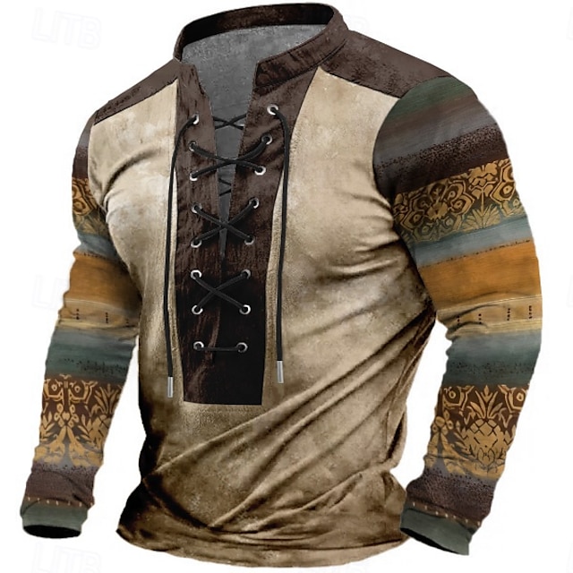  Homens Floral Moletom Moletom Manga Longa Moletom Decote V Étnico Estampado Com Cordão Primavera Outono