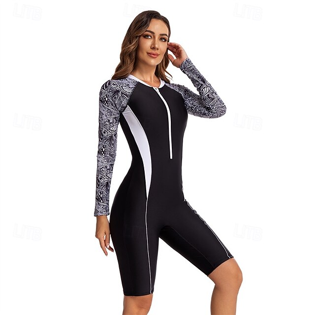  Dame Rash-guard One-Piece Badetøy UV Solbeskyttelse UPF50+ Hurtigtørkende Langermet Spandex Kroppsdrakt Badedrakt Forside Glidelås Svømming Surfing Strand Vannsport Treningsklær Trykket Sommer