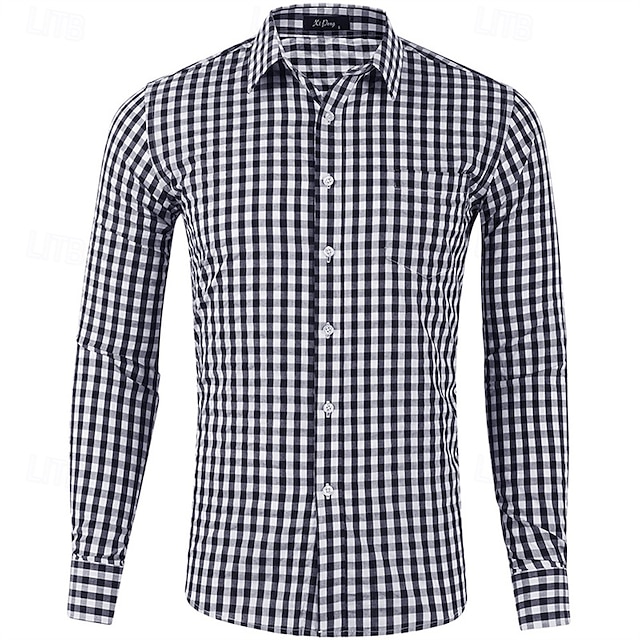  Men's Shirt Dress Shirt Button Up Shirt Plaid Wedding Party Black Pink Red Brown Long Sleeve Lapel Spring &  Fall Clothing Apparel
