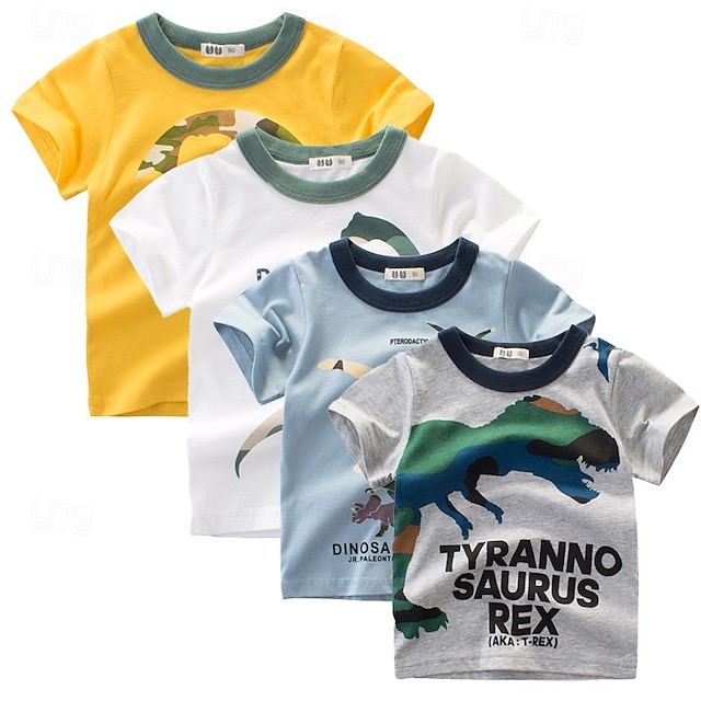  Multi Packs 4pcs Boys Crew Neck Short Sleeves White+Gray+Blue+Yellow T Shirt Tee Top Print Graphic Vacation Daily Wear 100% Cotton Spring & Summer