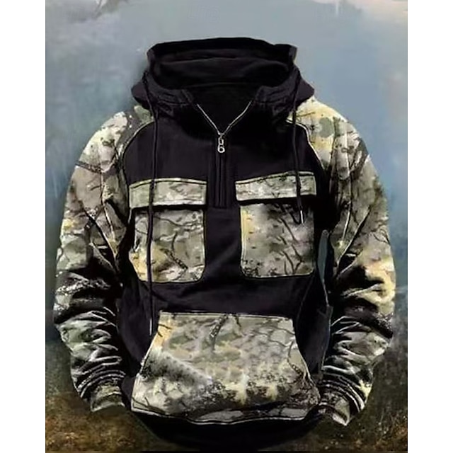  Per uomo Felpa con cappuccio Felpa con cappuccio e cerniera a un quarto Nero Vino Verde militare Blu Reale Cachi Con cappuccio Mimetico Collage Tasca frontale Sportivo Giornaliero Per eventi
