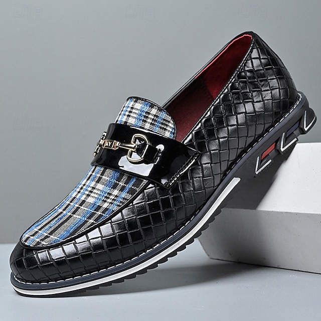  pánské černé lakované mokasíny s prošívaným vzorem a kostkovanými detaily – stylové slip-on společenské boty pro formální události, podnikání a večírky