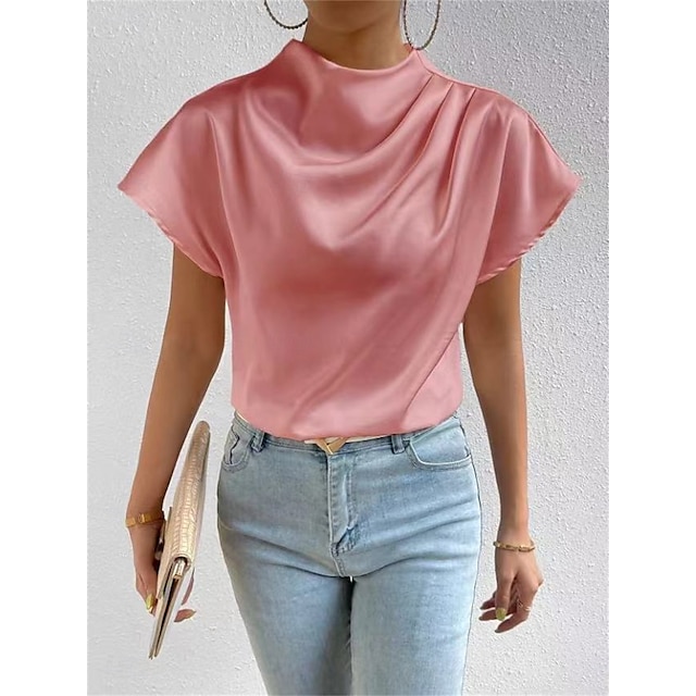  Mulheres Blusa Côr Sólida Diário à moda Casual Manga Curta Gola Redonda Tops regulares Diário Patchwork Preto Branco Rosa Verão Primavera Outono