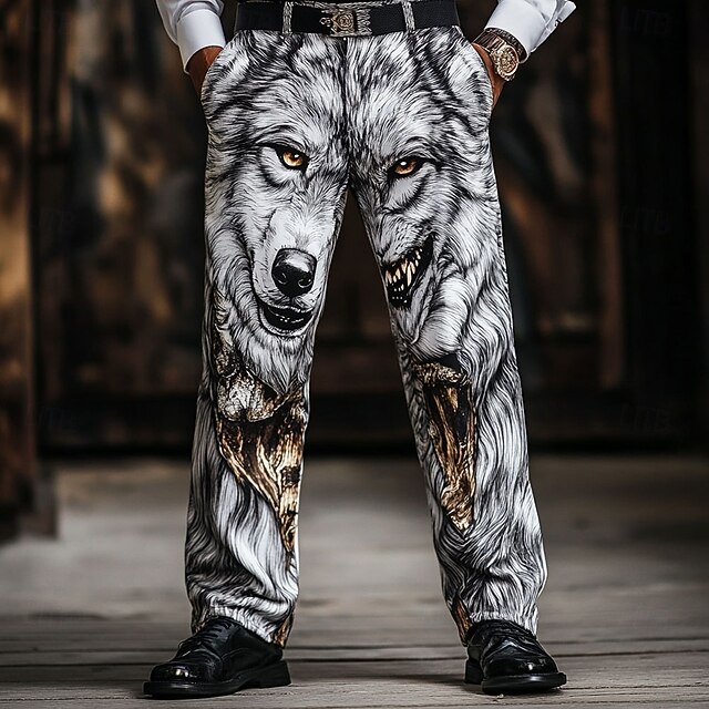 Men's Wolf Animal Patterned Trousers Dress Pants Mid Waist Casual Vintage Retro Holiday Streetwear Dads Day Gifts Flat-Front Straight Leg Trousers Summer Spring Fall 3D Print White4