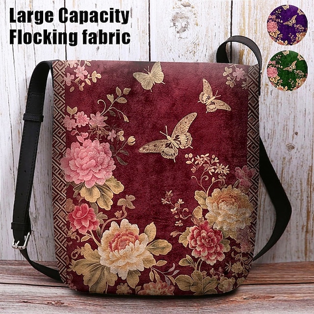  vintage blommig crossbody-väska med fjärilstryck, lätt axelväska för kvinnor, fritids- och resebruk röd lila grön
