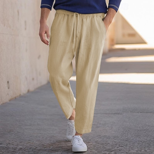  Homens Calças de linho Calças Calças de praia Bolsos Com Cordão Tecido Conforto Respirável Diário à moda Hip hop Preto Branco Micro-Elástica