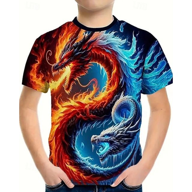  Pojkar 3D Grafisk Drake T-shirt Kortärmad Sommar Vår Mode Grundläggande Barn 4-12 år Rund hals Utomhus Ledigt Dagligen Normal