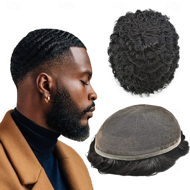  toupet afro per uomini neri, unità di capelli intrecciati, ricci crespi, pizzo completo, toupet per uomini afroamericani, sistemi di sostituzione dei capelli umani, parrucca a toppa per capelli ricci