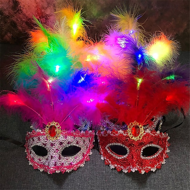  maschera luminosa a led di carnevale con piume mezza faccia maschera da principessa maschera per gli occhi festa decorazione regalo 1 pz