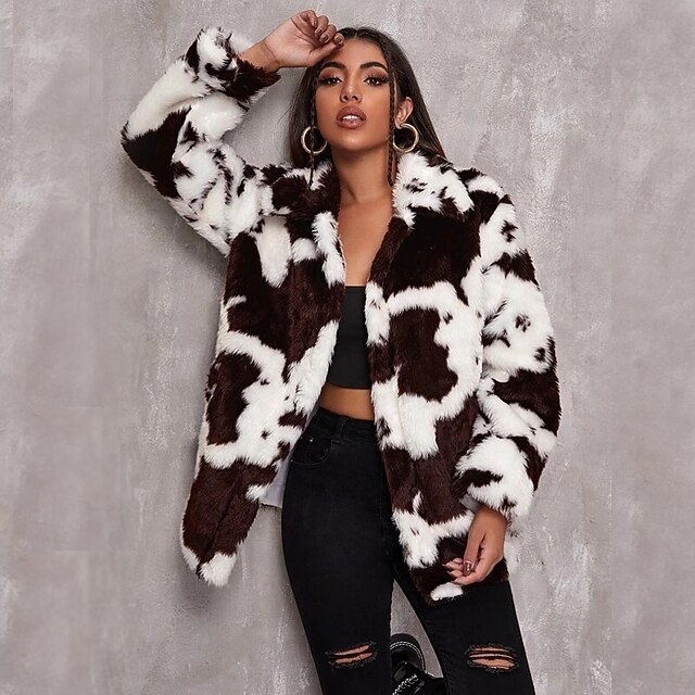 Women's Faux Fur Coat Warm Comfortable Pocket Knitting Elegant Cute Daily Sweet Cow Print Athleisure Daily Wear Going out Casual Daily Single Breasted Regular Lapel Slim Long Sleeve Outerwear Black2