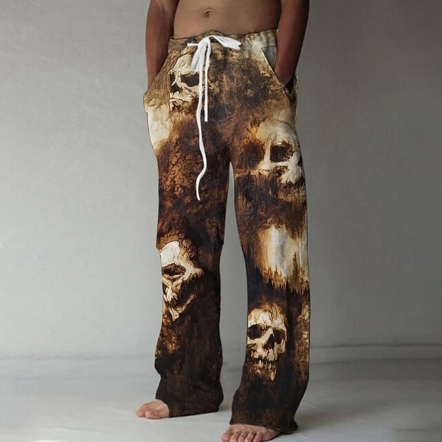 Men's Skulls Trousers Pants Trousers Mid Waist Drawstring Elastic Waist Casual Vintage Retro Outdoor Vacation Holiday Straight Leg Trousers Summer Spring Fall 3D Print Brown4