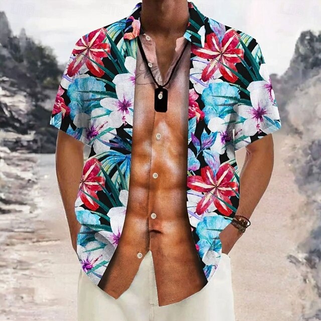 Men's Floral Casual Shirt Summer Hawaiian Shirt Aloha Shirt Short Sleeve Hawaiian Resort Vacation Casual Summer Spring Turndown Button Up Red4
