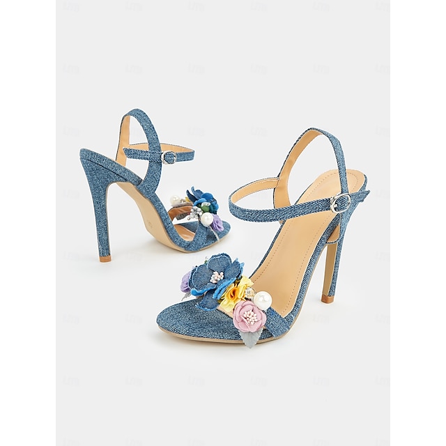  Women's Denim High Heel Sandals with Floral Embellishments and Ankle Strap – Stylish Open-Toe Shoes for Summer Parties and Casual Events