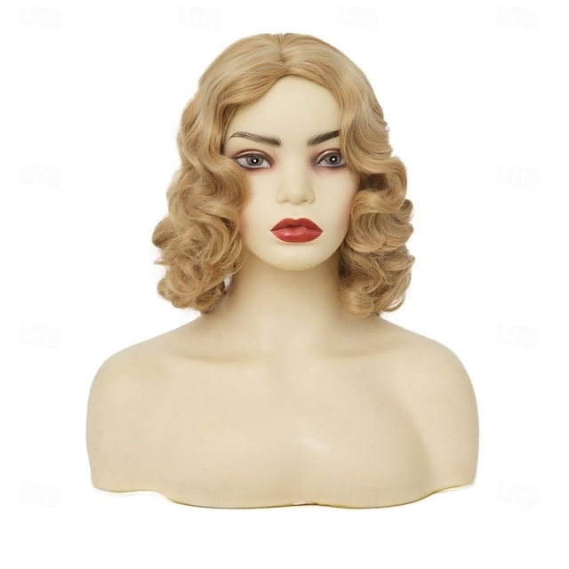  Perruques ondulations au doigt blondes pour femmes perruque naturelle synthétique résistante à la chaleur cheveux de flapper longueur moyenne partie latérale pour fête vintage quotidienne Halloween