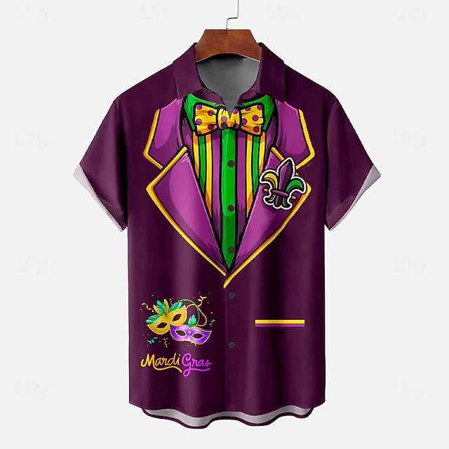 Carnival Men's Mask Casual Shirt Button Up Shirt Short Sleeve Abstract Fashion Casual Carnival Causal Casual Summer Spring Turndown Button Up Purple4