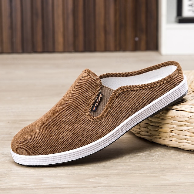  pánské hnědé manšestrové slip-on sálové pantofle – lehké pohodlné boty na doma i na běžné nošení