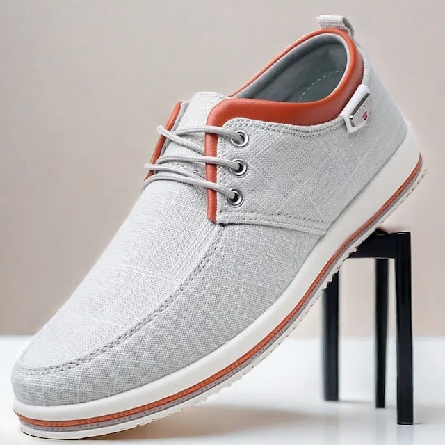  Men's Light Gray Canvas Lace-Up Casual Shoes with Contrast Trim – Stylish Lightweight Footwear for Travel, Work, and Daily Wear
