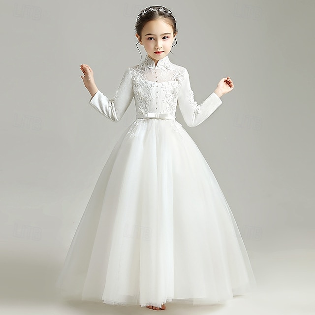 Vestido para Meninas das Flores Crianças Para Meninas Vestido de princesa Espetáculo Casamento Festa Elegante Lindo Com Transparência Côr Sólida Sem Manga Colarinho Clerical Branco 4 anos +