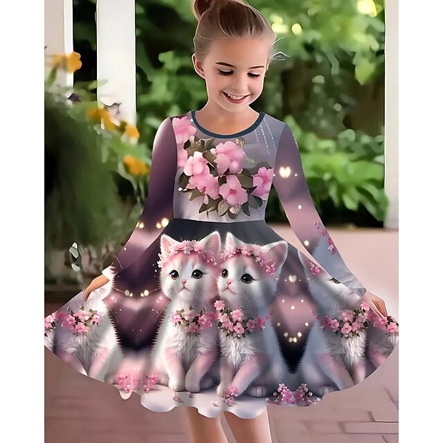 Girls' 3D Graphic Cat Flower Dress Long Sleeve Summer Spring Vacation Daily Holiday Princess Beautiful Sweet Kids 4-12 Years Casual Dress A Line Dress Knee-length Regular Fit4