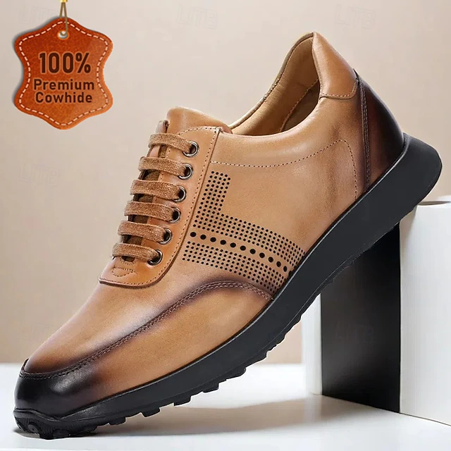 Stylish Brown Leather Lace-Up Sneakers with Perforated Detail for Men | Perfect for Casual and Business Casual 10