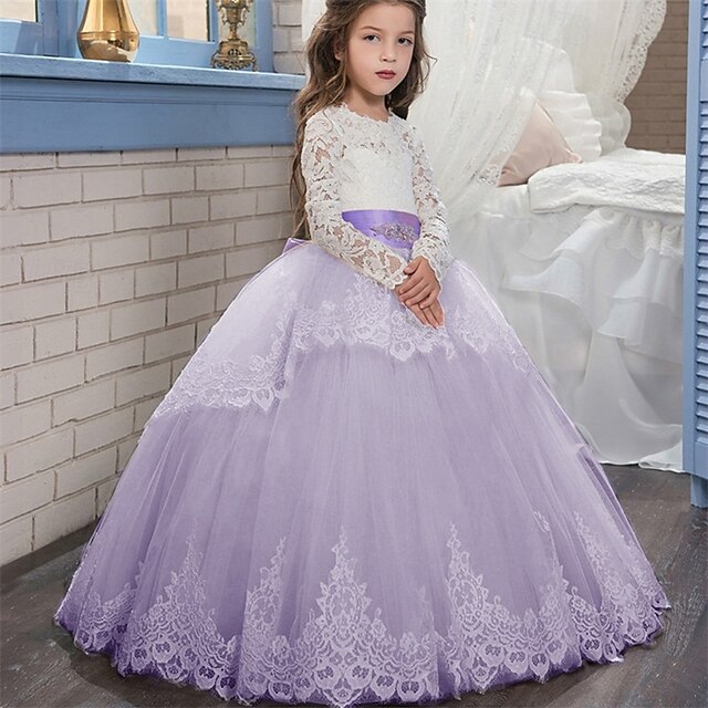  Blumenmädchenkleid Kinder Mädchen Prinzessinenkleid Leistung Hochzeit Party Elegant Schön Gitter Feste Farbe Langarm Rundhalsausschnitt Hellgelb Hellrosa 4 Jahre +