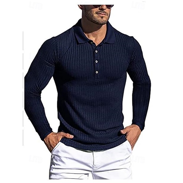  Bărbați Tricouri polo Top din tricot cu coaste Oficial Afaceri Guler polo cu nervuri Manșon Lung Modă De Bază Culoare solidă Nasturi Primăvara & toamnă Negru Alb Roz Îmbujorat Albastru regal Gri