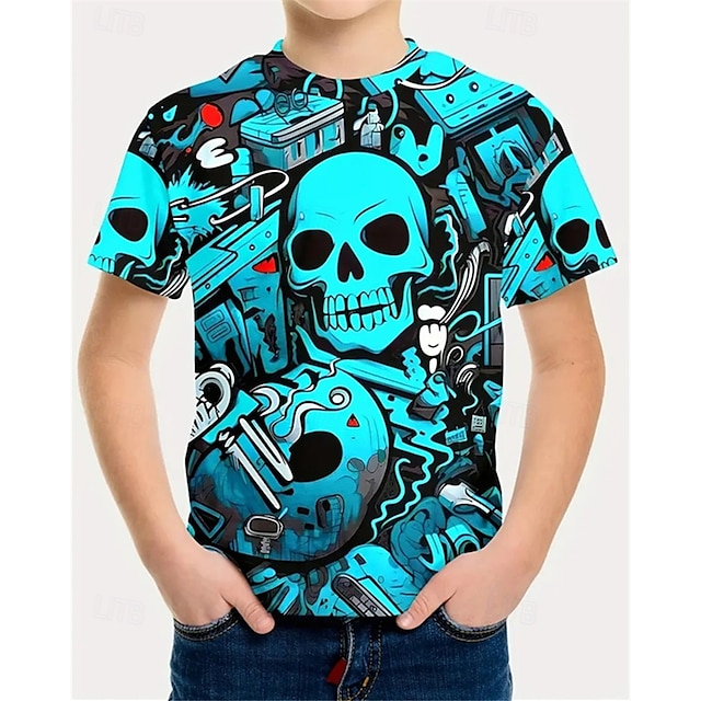  Jongens 3D Grafisch Doodskoppen T-shirt Korte mouw Zomer Lente Modieus Basic Kinderen 4-12 jaar Strakke ronde hals Buiten Casual Dagelijks Normale pasvorm