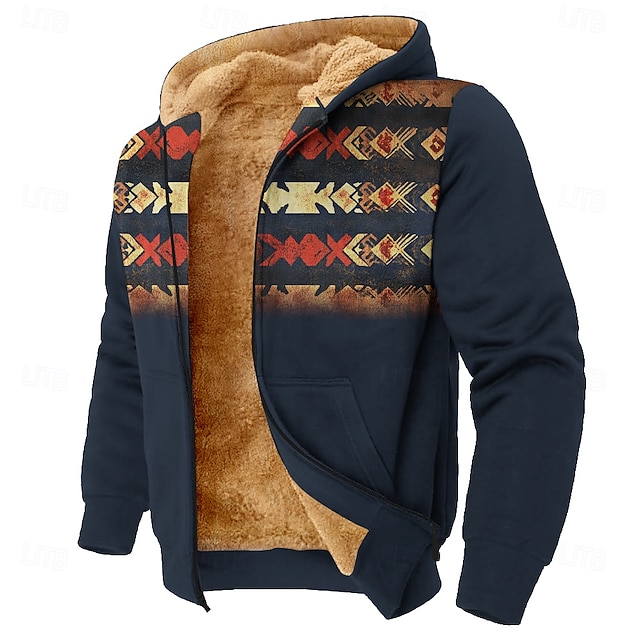  Per uomo Azteco Pile Felpa con Cappuccio Semplice Casual Manica Lunga Girocollo Caccia Nero Blu Con zip Autunno Inverno progettista