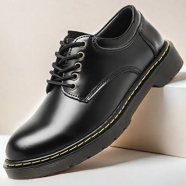  scarpe stringate da uomo in similpelle nera con cuciture gialle, resistenti sneakers casual per il lavoro e l'uso quotidiano