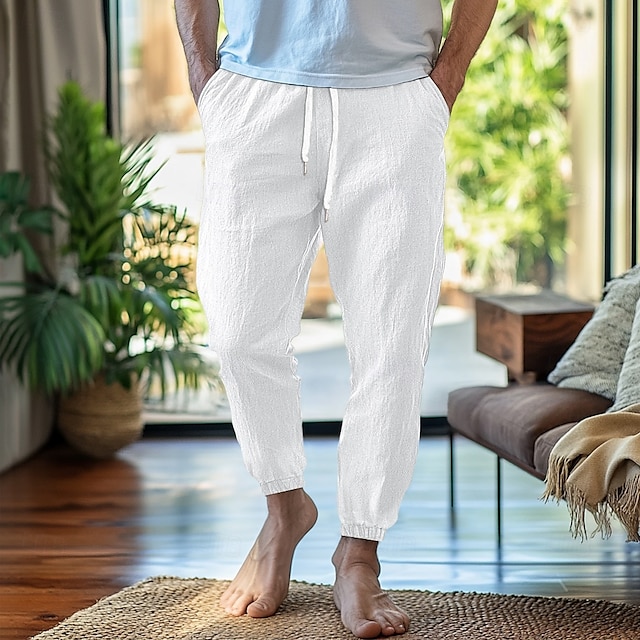  Homens Calças de linho Calças Calça verão Cintura elástica Perna reta Ascensão alta Côr Sólida Conforto Respirável Comprimento total Casa Simples Casual Preto Branco Sem Elasticidade