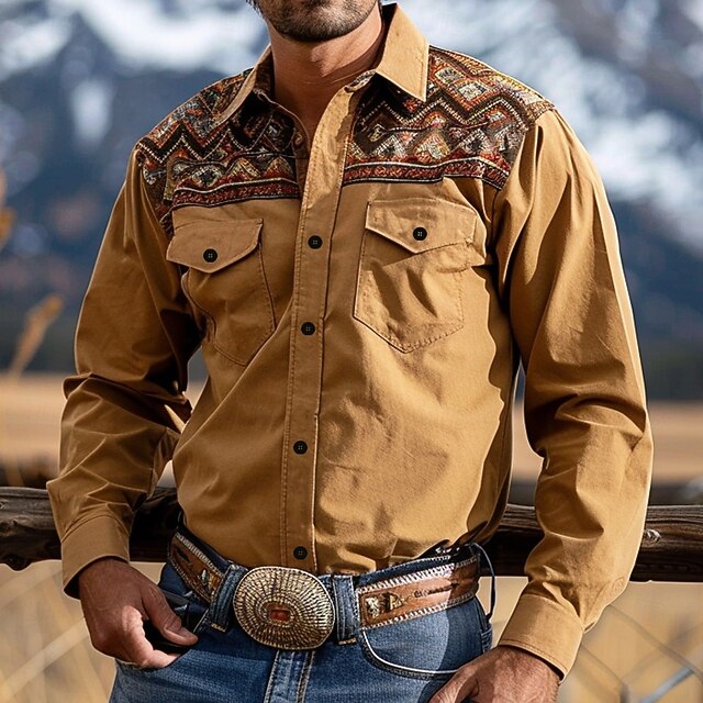 Men's Ethnic Western Shirt Cowboy Shirt Long Sleeve Western Style Sport Casual Spring Fall Turndown Button Up Brown4