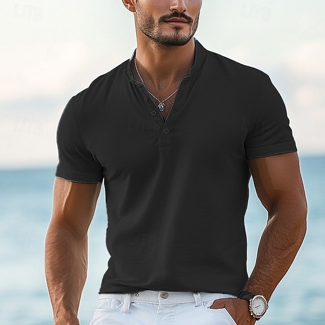  Bărbați Tricou Cămașă Henley Tee Top Mânecă scurtă Simplu Designer De Bază Contemporan modern Nasturi Henley Vacanță Stradă Ieșire Vară Roșu Vin Negru Alb Tricou Henley