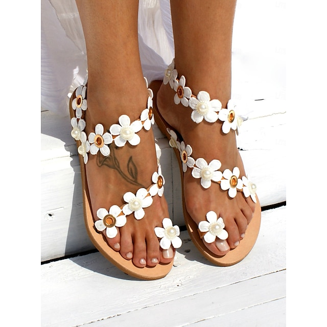  flade boho-bryllupssandaler til kvinder med tusindfryd blomster og perlepynt – komfortable brudesko til strandbryllup og sommerfester