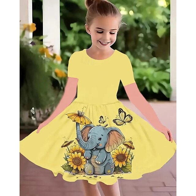 Girls' 3D Graphic Elephant Dress Short Sleeve Summer Spring Vacation Daily Holiday Princess Beautiful Sweet Kids 4-12 Years Casual Dress A Line Dress Knee-length Regular Fit4