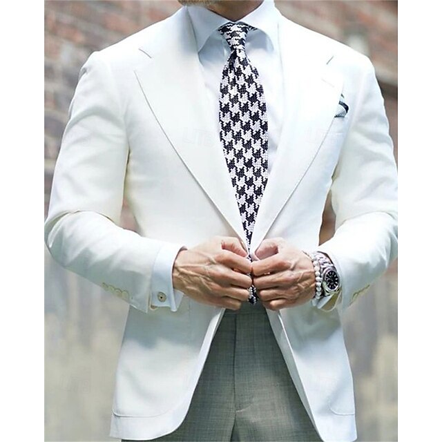 Men's Graduation Blazer Business Cocktail Party Wedding Party Fashion Casual Spring &  Fall Polyester Solid Color Pocket Buttons Comfortable Single Breasted Blazer White2