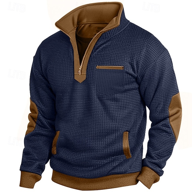  Homens Moletom Waffle Moletom com zíper Estacionar Preto Azul Marinha Meio Zíper Tecido Bolsos Trabalho Desportos e Ar livre Casual Poliéster Ativo Vintage Legal Primavera Outono Roupa Moletons