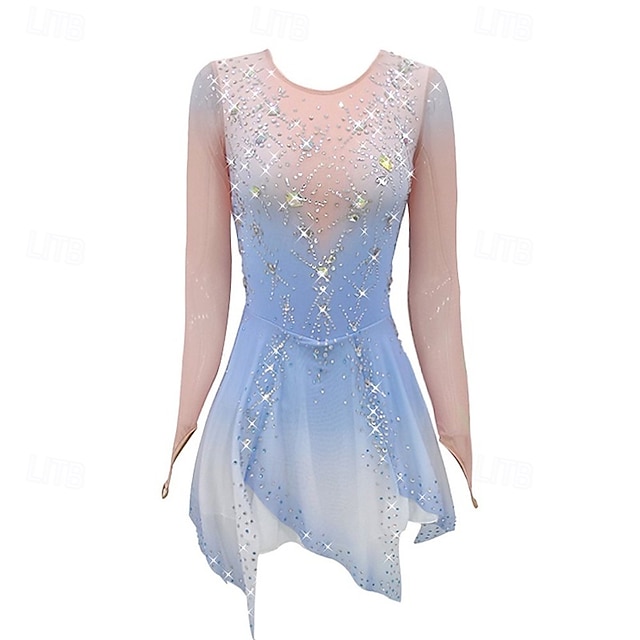  Vestidos para Patinação Artística Mulheres Para Meninas Patinação no Gelo Vestidos Azul Céu Thumbhole Barra Assimétrica Com Transparência Elasticidade Alta Treino Competição Roupa para Patinação