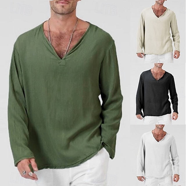  男性用 リネンシャツ Tシャツ 長袖シャツ 長袖 Ｖネック 夏 春 & 秋 ストライプ ヴィンテージ ファッション Ｖネック ワーク オフィス / キャリア カジュアル ブラック ホワイト グリーン メンズトップTシャツ