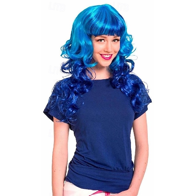 perruque longue bouclée bleu fluo avec frange pour carnaval