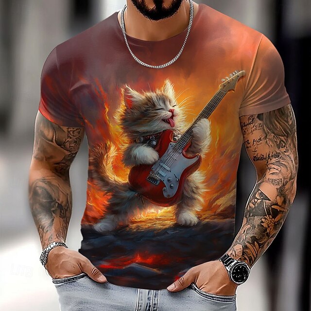 Men's Cat Guitar T Shirt Short Sleeve T shirt 3D Print Crew Neck Shirt Exaggerated Designer Party Holiday Red Summer Spring Clothing Apparel S M L XL XXL XXXL4