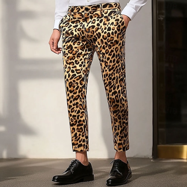  Herre Leopardprint Dressbukser Bukser Medium Midje Fritid Vintage retro utendørs Feriereise Gateklær Med lommer Slank passform Flat-front Sommer Vår Høst 3D-utskrift Gul