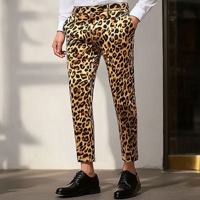 Men's Leopard Print Dress Pants Trousers Mid Waist Casual Vintage Retro Outdoor Vacation Streetwear with Pockets Slim Fit Flat-Front Summer Spring Fall 3D Print Yellow4