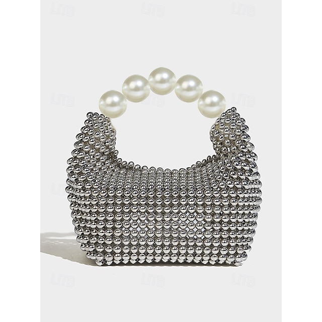  borsa da donna con perline finte e grande manico in perle, elegante pochette da sera per matrimoni, feste ed eventi formali nero argento beige