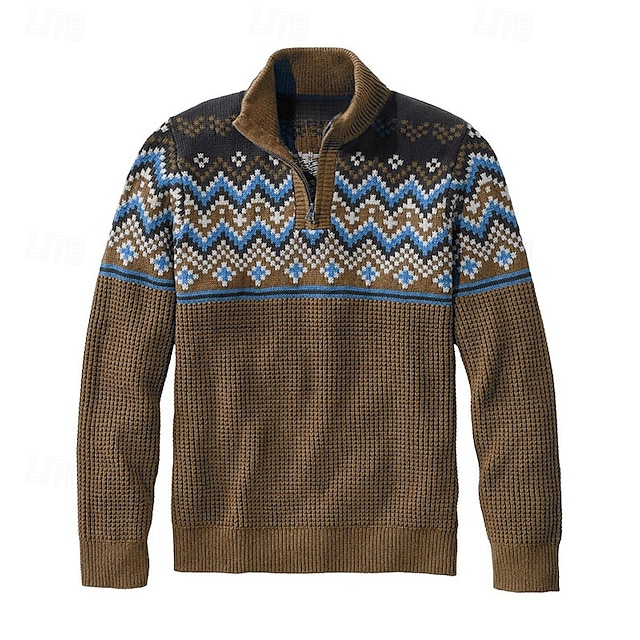  Men's Pullover Sweater Jumper Knit Sweater Quarter Zip Pullover Sweater Ribbed Waffle Knit Regular Tops Knitted Argyle Quarter Zip Fashion Basic Vacation Daily Wear Clothing Apparel Fall & Winter