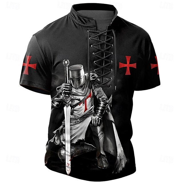 Men's Knights Templar Henley Shirt T shirt Tee Short Sleeve T shirt 3D Print Lace Up Neck Henley Shirt Casual Sports Outdoor Casual Daily Black Spring & Summer Clothing Apparel S M L XL XXL XXXL4