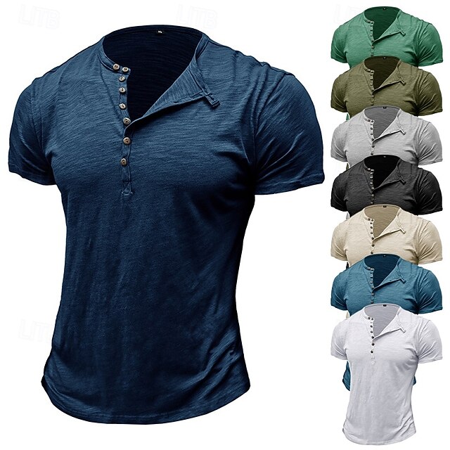 100%Cotton Men's T Shirt Henley Shirt Tee Short Sleeve Shirt Tee Top Plain Vintage Designer Basic Button Up Henley Vacation Street Casual Daily Spring Summer Black White Light Green Henley T-Shirt